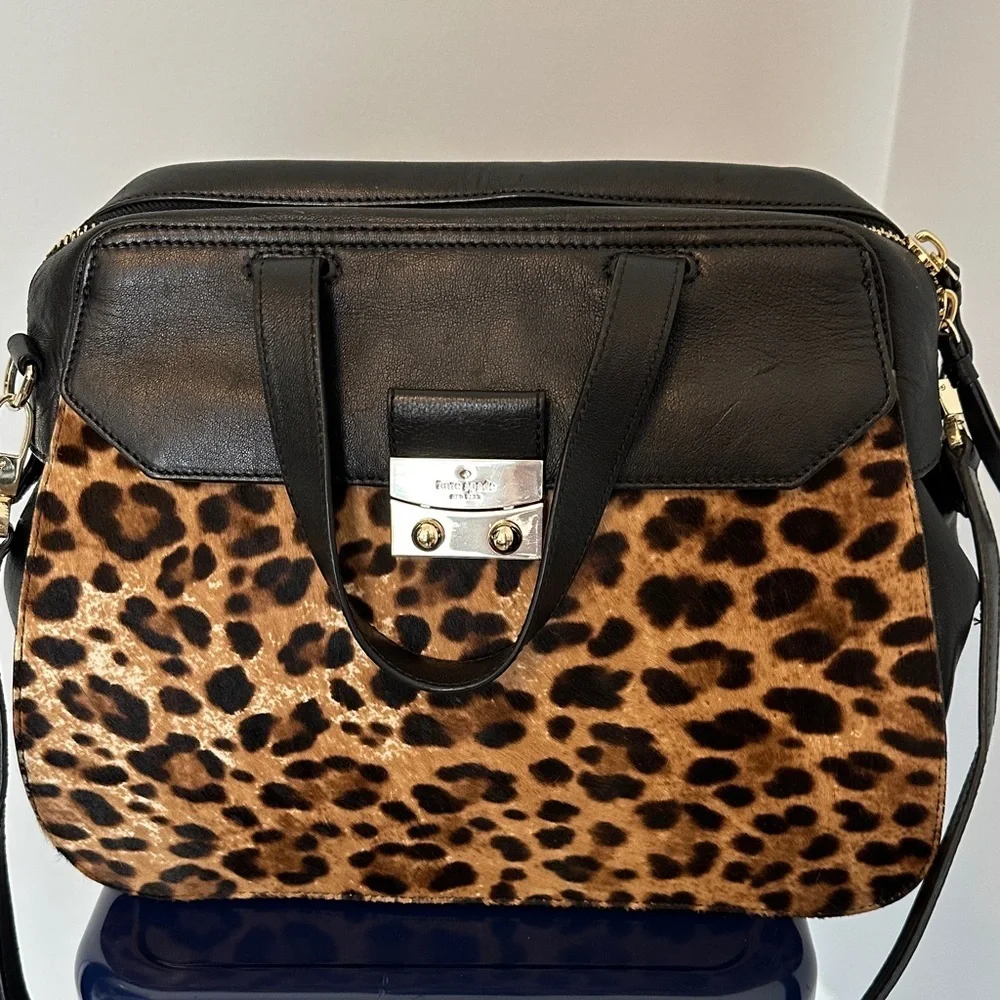 Leopard Print Black Leather Large Handbag/Workbag